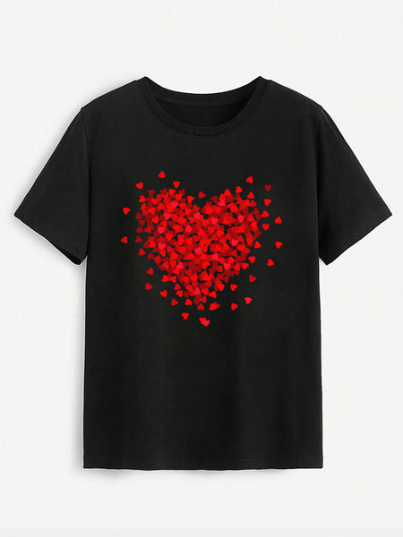 Heart Round Neck Short Sleeve T-Shirt