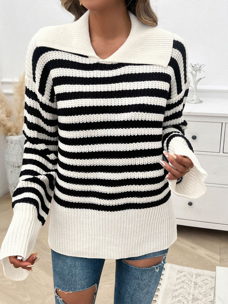 Striped Collared Neck Long Sleeve Sweater