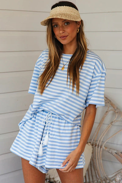 Striped Round Neck Top and Shorts Set