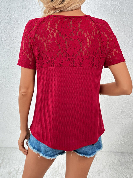 Lace Detail V-Neck Short Sleeve T-Shirt