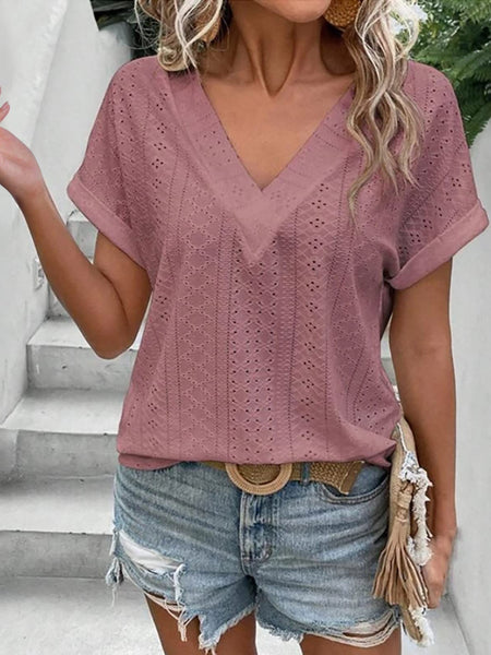 Eyelet V-Neck Short Sleeve Blouse