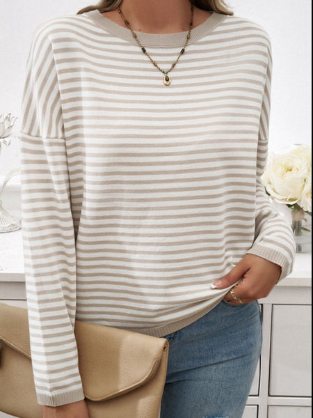 Striped Round Neck Dropped Shoulder Sweater