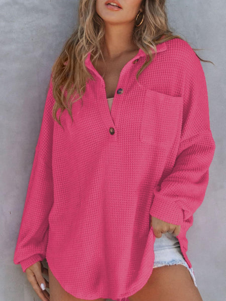 Waffle-Knit Dropped Shoulder Long Sleeve Sweatshirt