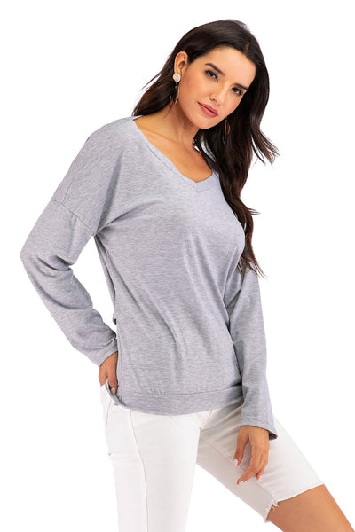 Perfee V-Neck Drop Shoulder Open Back Sweatshirt