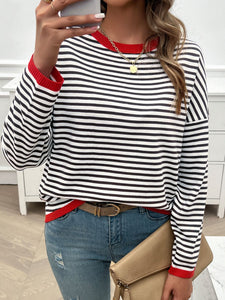 Striped Round Neck Dropped Shoulder Sweater