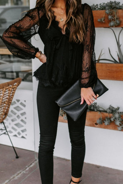 Lace Detail Plunge Long Sleeve Blouse