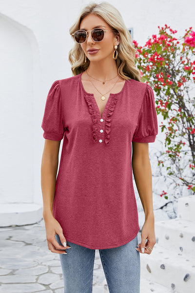 Frill Notched Short Sleeve Blouse