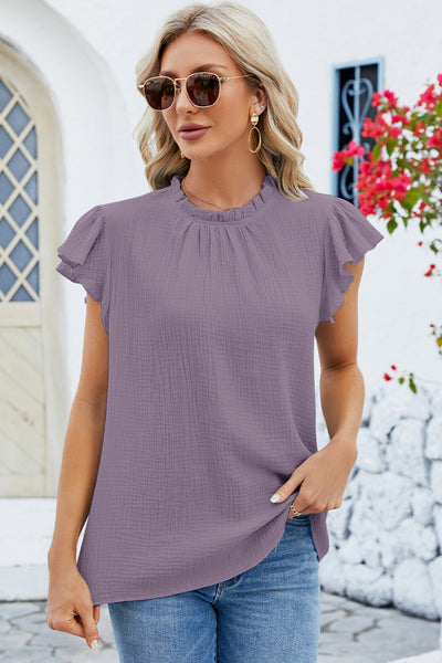 Ruffled Round Neck Cap Sleeve Blouse