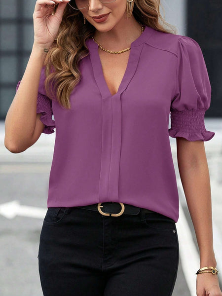 Notched Short Sleeve Blouse