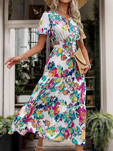 Printed Notched Short Sleeve Midi Dress