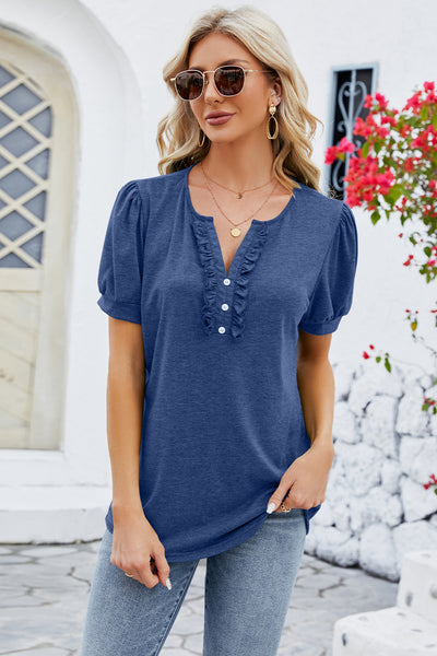 Frill Notched Short Sleeve Blouse