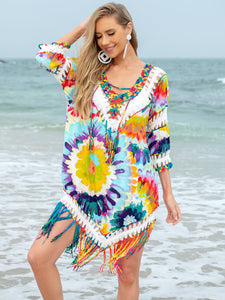 Fringe V-Neck Three-Quarter Sleeve Cover Up