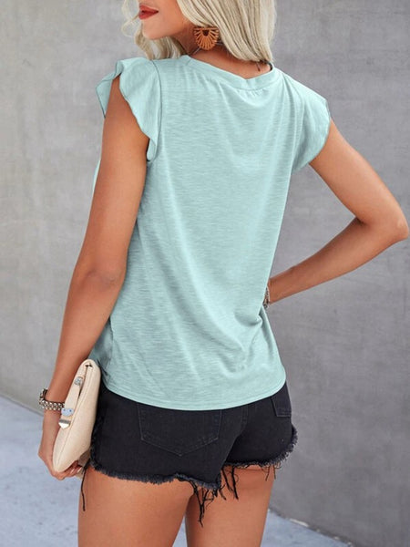 Ruffled Round Neck Cap Sleeve T-Shirt