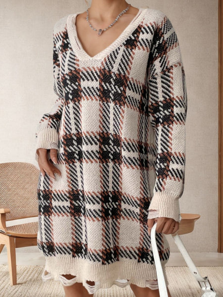 Distressed Plaid V-Neck Long Sleeve Sweater Dress