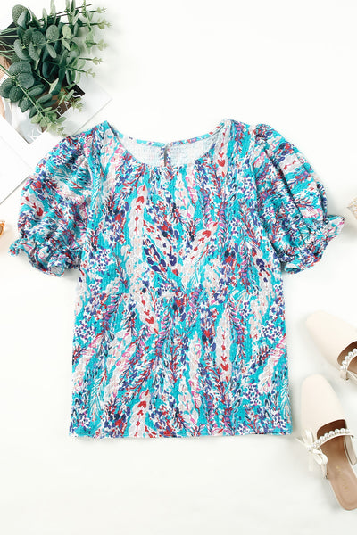 Printed Round Neck Half Flounce Sleeve Top