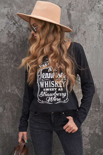 Letter Graphic Notched Long Sleeve T-Shirt