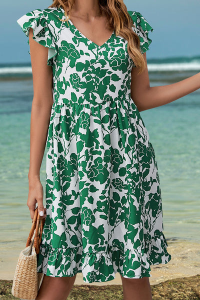 Ruffled Printed V-Neck Cap Sleeve Dress