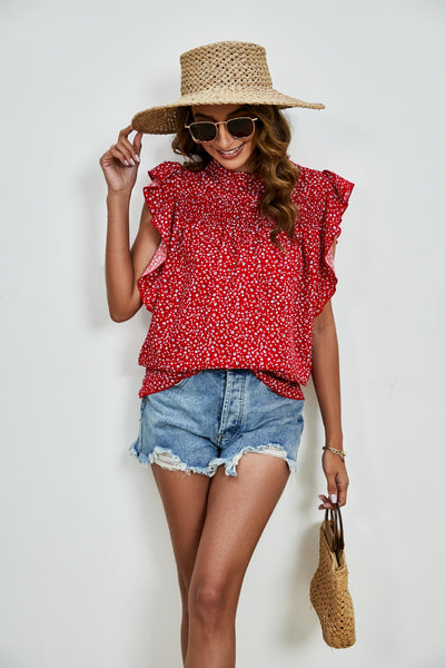 Ruffled Ditsy Floral Mock Neck Cap Sleeve Blouse