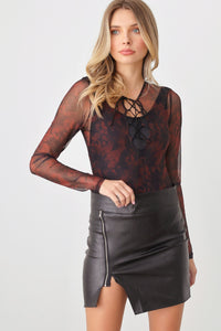 HERA COLLECTION Abstract Mesh Lace-Up Long Sleeve Bodysuit