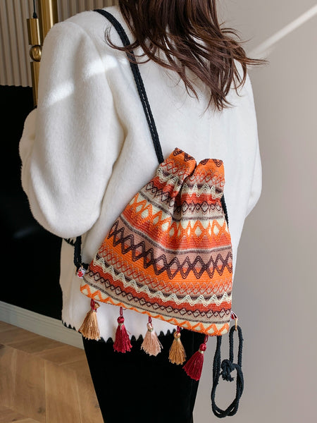 Tassel Geometric Canvas Backpack Bag