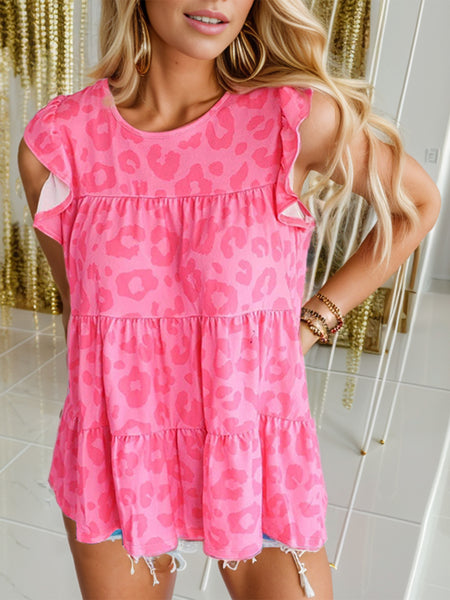 Ruffled Leopard Round Neck Tiered T-Shirt