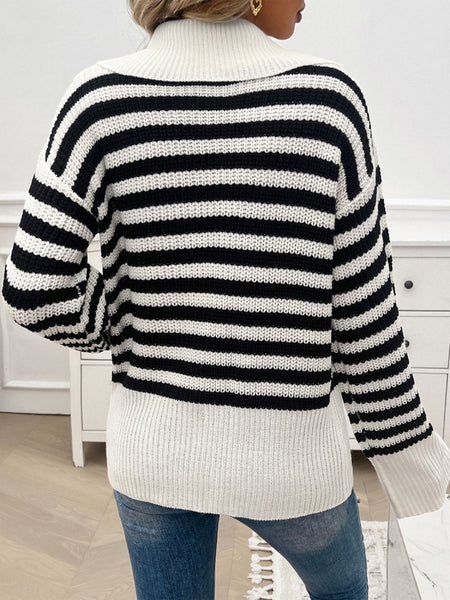 Striped Collared Neck Long Sleeve Sweater