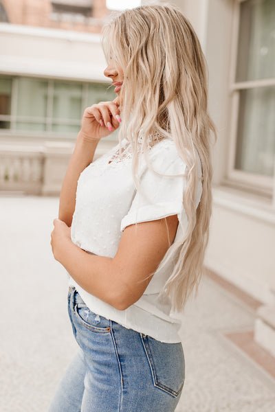 Lace Detail Swiss Dot Short Sleeve Blouse