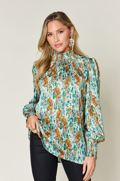 Double Take Full Size Printed Smocked Long Sleeve Blouse