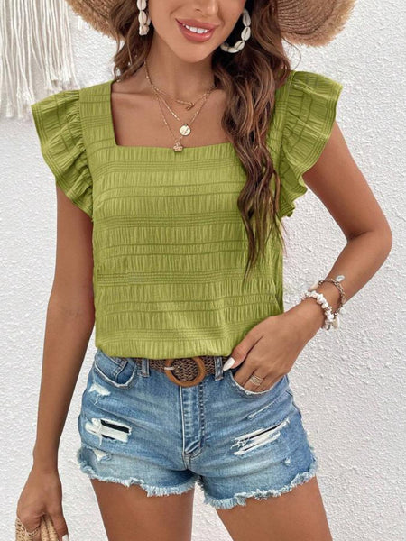 Ruffled Square Neck Cap Sleeve Blouse