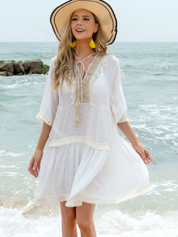 Tassel Lace Detail Half Sleeve Cover-Up Dress