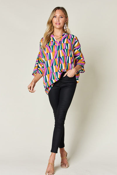 Double Take Full Size Geometric Notched Raglan Sleeve Blouse