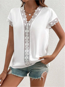 Lace Detail V-Neck Cap Sleeve Blouse