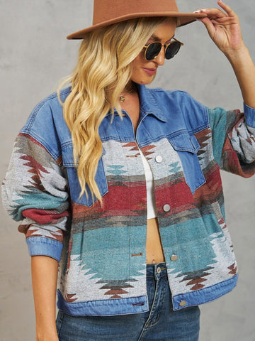 Geometric Button Up Dropped Shoulder Denim Jacket