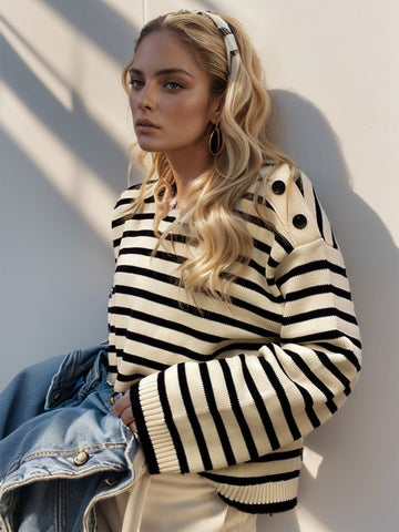 Striped Round Neck Long Sleeve Knit Top