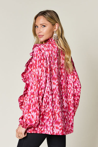 Double Take Full Size Printed Ruffle Trim Balloon Sleeve Shirt