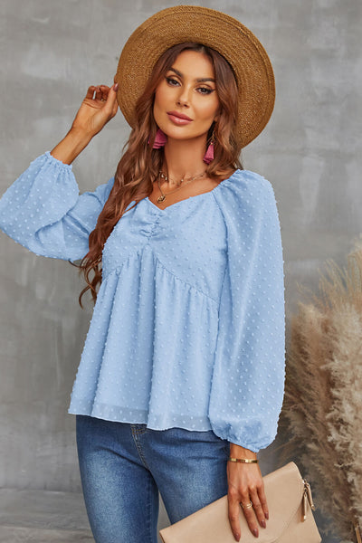 Swiss Dot Ruched V-Neck Babydoll Blouse