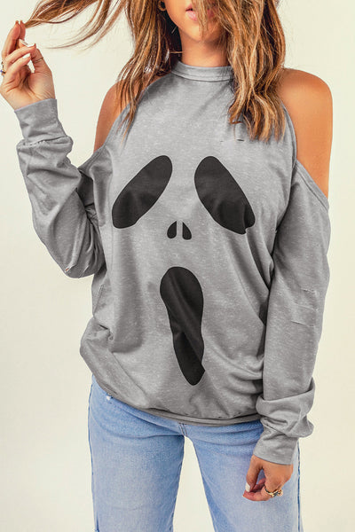 Halloween Graphic Cold-Shoulder Distressed Sweatshirt