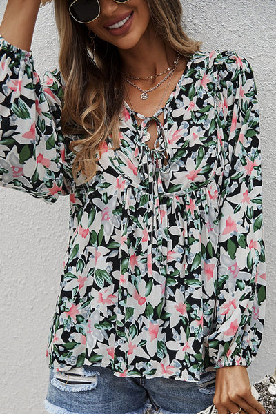 Floral Tie Neck Babydoll Blouse