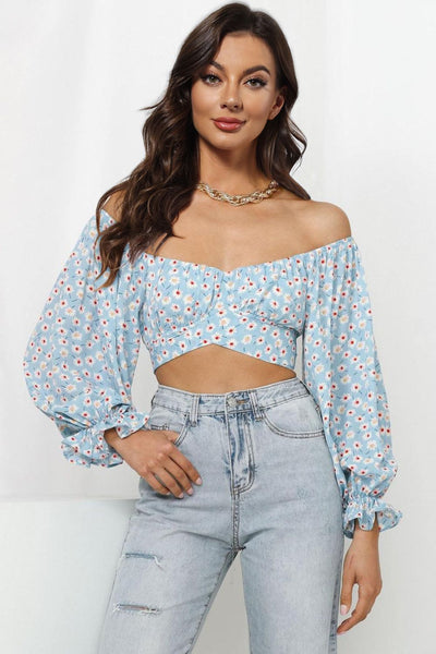 Printed Long Flounce Sleeve Cropped Blouse