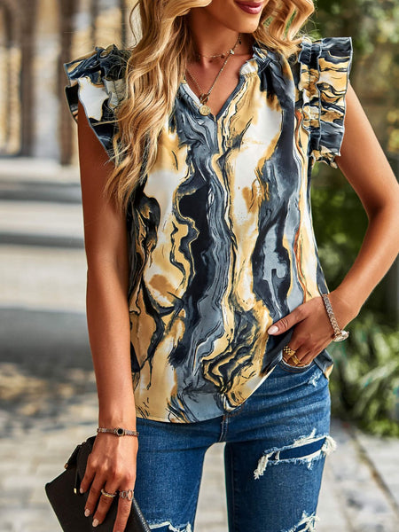 Printed Flutter Sleeve Notched Top