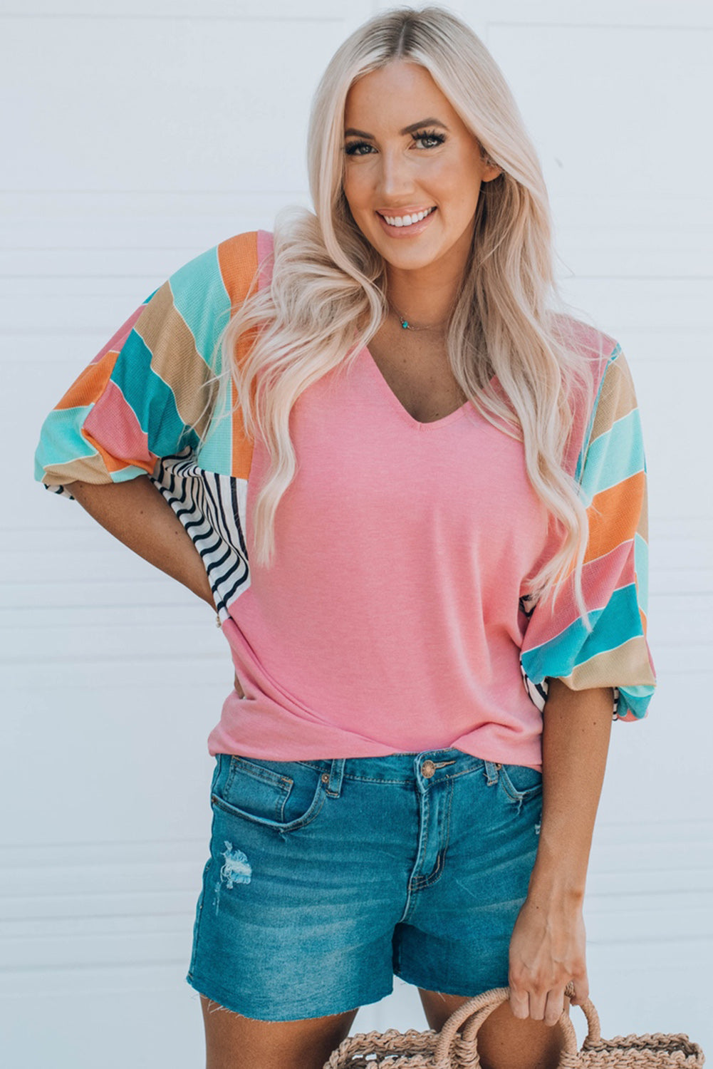 Striped Dolman Sleeve V-Neck Top