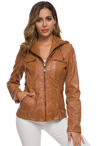 Zipper Front Hooded PU Leather Jacket