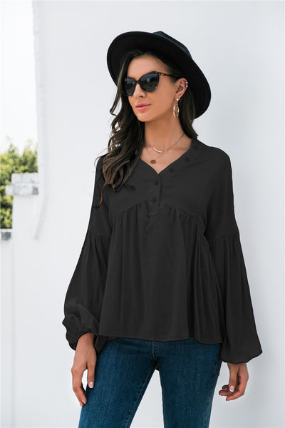 Button Detail Lantern Sleeve Peplum Top