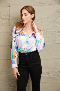 Double Take Patchwork Puff Sleeve Collared Shirt