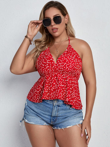 Plus Size Printed Halter Neck Peplum Top