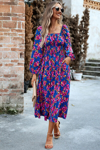 Printed Balloon Sleeve Pocketed Midi Dress