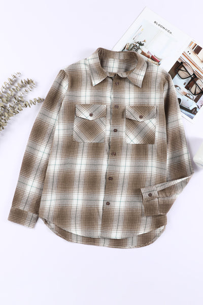 Double Take Plaid Collared Neck Long Sleeve Shirt