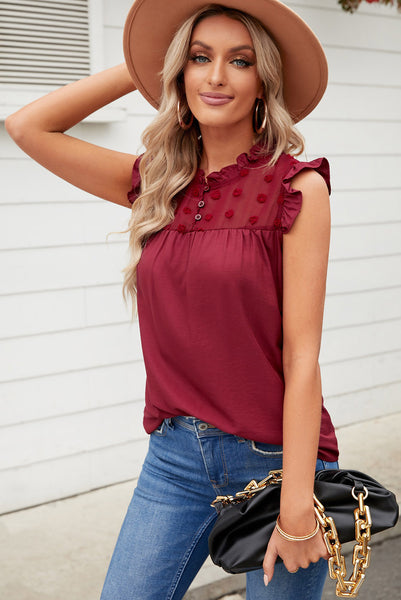 Swiss Dot Ruffle Shoulder Top