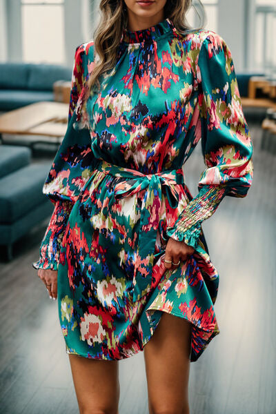 Printed Tied Lantern Sleeve Mini Dress