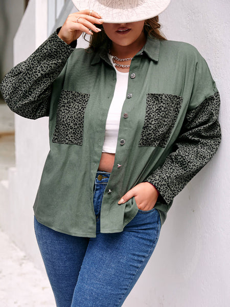 Plus Size Leopard Button Front Dropped Shoulder Shirt Jacket